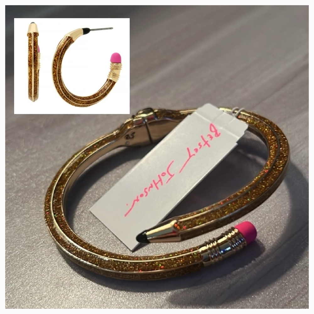 Betsey Johnson Pencil Gold and Pink Women's Bracelet And Earrings BNWT